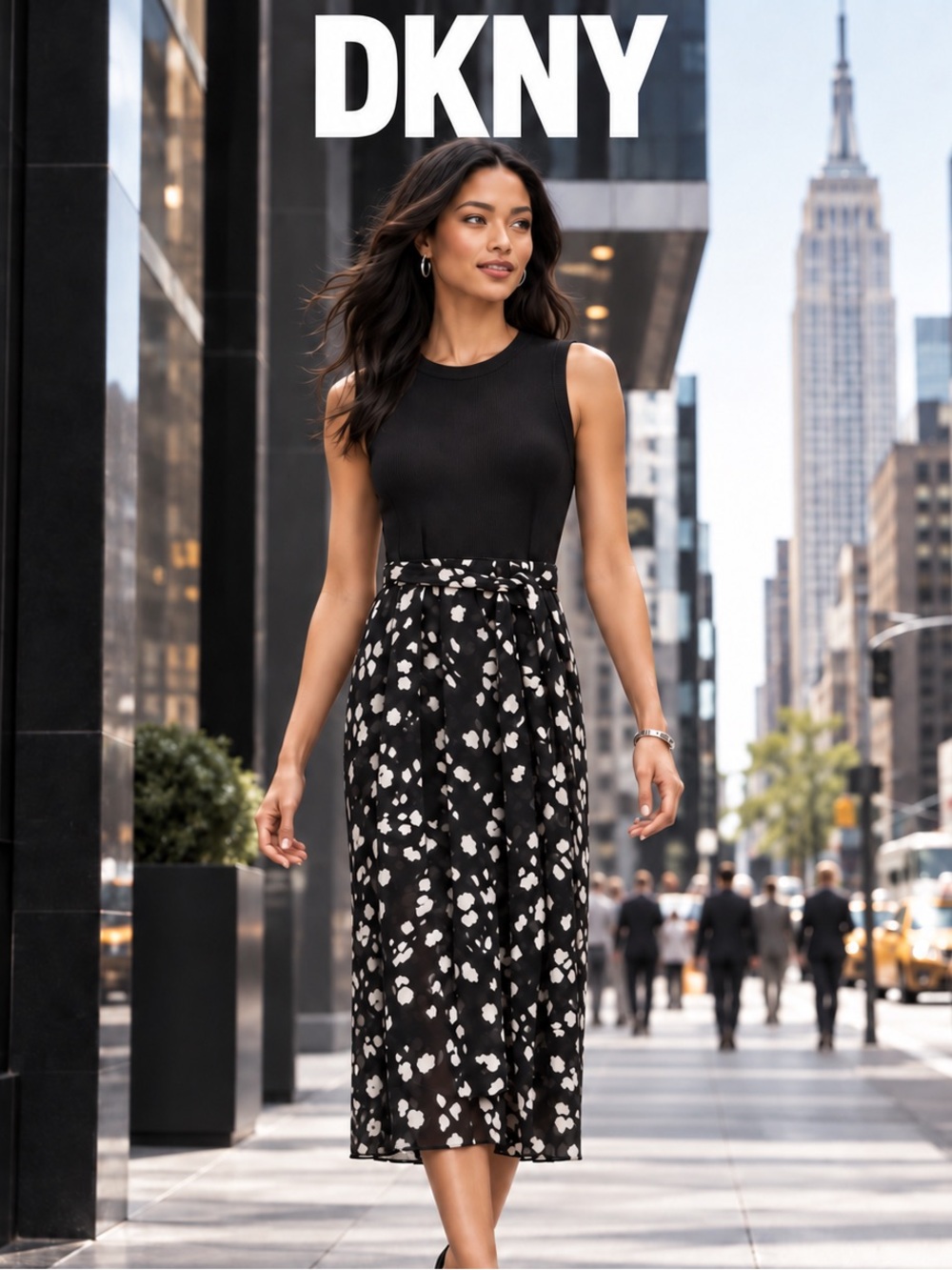 DKNY Black White Spot Tie Waist Midi Dress Medium M